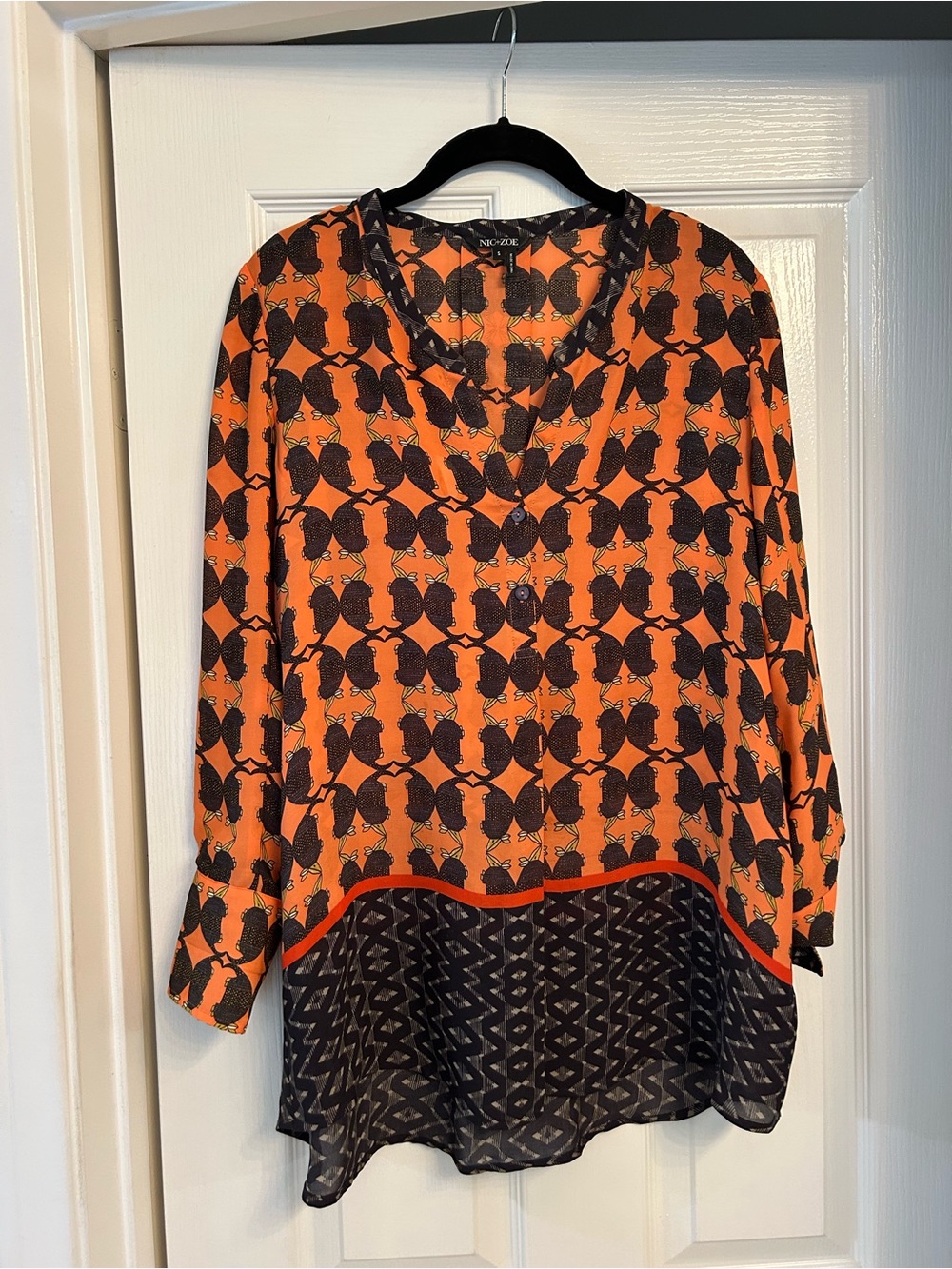 NIC+ZOE Orange and Black Patterned V-Neck Tunic Blouse